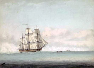 A painting of HMS Endeavour off the coast of New Holland
