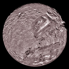 Voyager 2 mosaic image of Miranda showing unique features